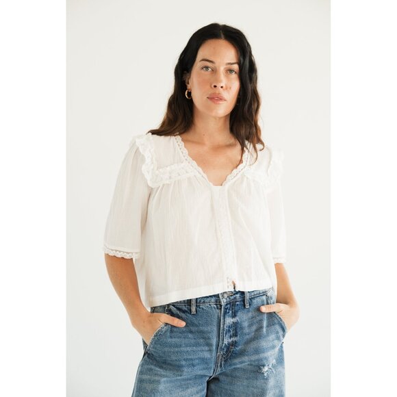 Carly Jean Los Angeles White Lace-Trimmed Blouse S 100% Cotton Relaxed Fit Bew - Picture 1 of 14